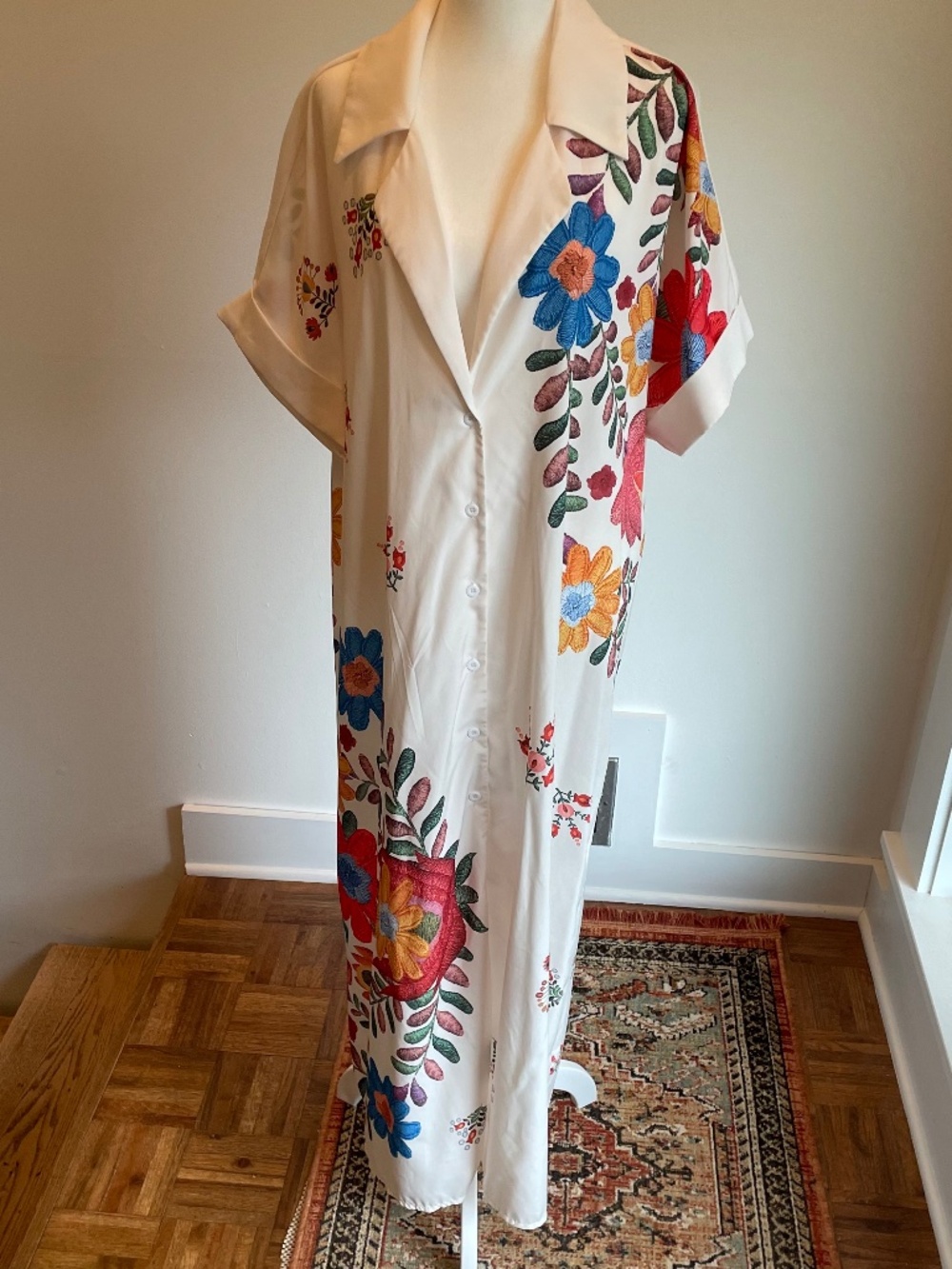 Shein Curve + Boho Casual White Floral Print Maxi Shirt Dress Robe Cover-up XL